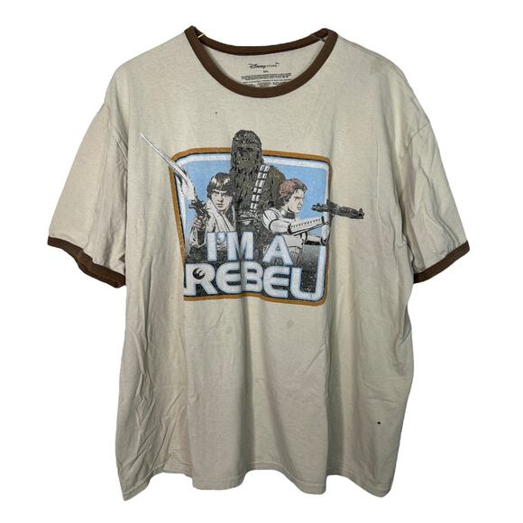 Disney Store Star Wars I'm A Rebel T-Shirt Classic Ringer Tee Tan FLAW Adult 2XL - Picture 1 of 8
